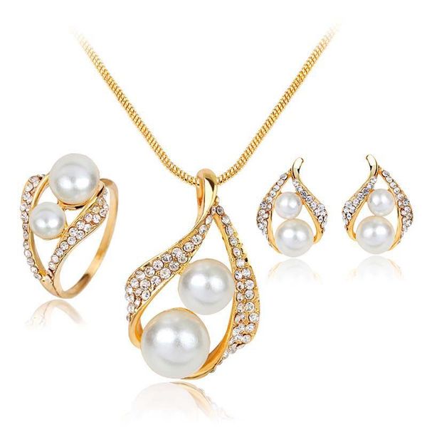 

2020 double pearl jewelry sets for wedding brides bridesmail gold plated necklaces earrings rings women fashion jewlery, Silver