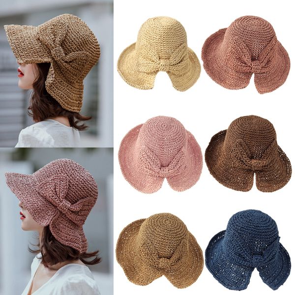 

women lady straw hat bowknot wide brim cap breathable for outdoor beach summer h9, Blue;gray