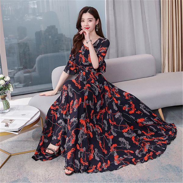 

casual dresses beach dress 2021 summer temperament v-neck short-sleeved fashion printing waist was thin and long vacation chiffon, Black;gray