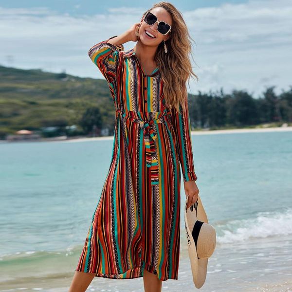 

striped print beach dress long sleeve beach cover up women bikini cover up loose tunics cardigan swimsuits ups wear, White;black