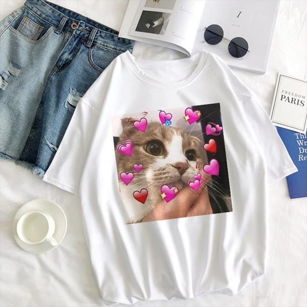 

ulzzang cute cat love casual tees kawaii print loose short sleeve clothing harajuku student summer v neck fashion women t shirt, White