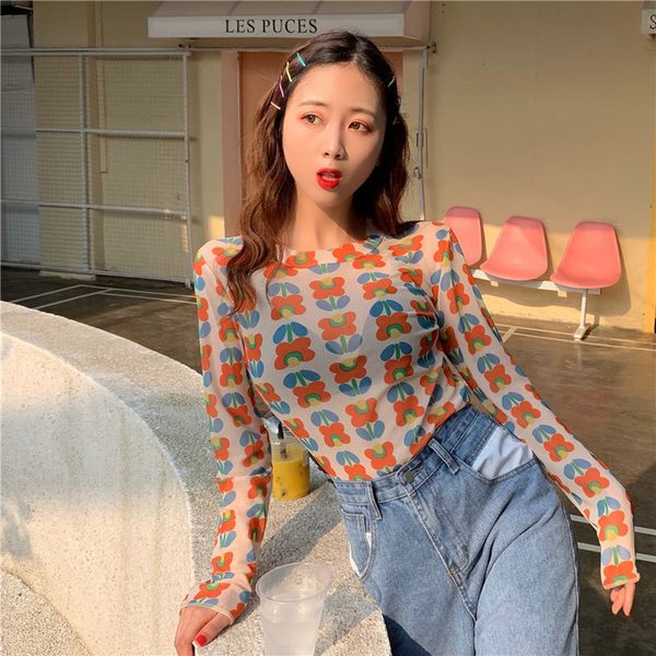 

vintage floral printed women long sleeve transparent t shirt slim mesh sheer t shirt women camiseta mujer 2020 v neck, White