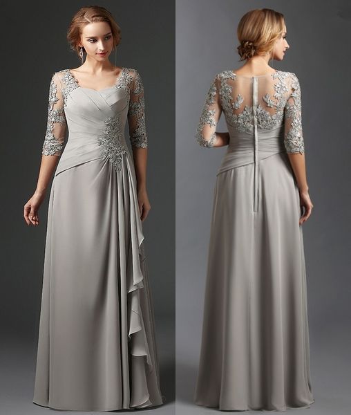 

silver lace chiffon mother of the bride dresses a-line 3/4 sleeves plus size long elegant groom mother evening dresses, Black;red