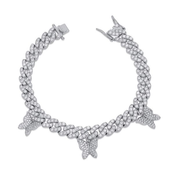 

luxury bling zircon butterfly fashion 18k gold rhodium plated 8mm width cuban chain hip hop designer bracelets, Black