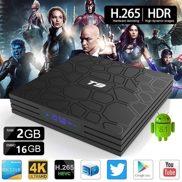 

t9 tv box android 9.0 rk3318 quad core 2/4gb rom 16/32/64gb ram media player support smarttv dual wifi bluetooth