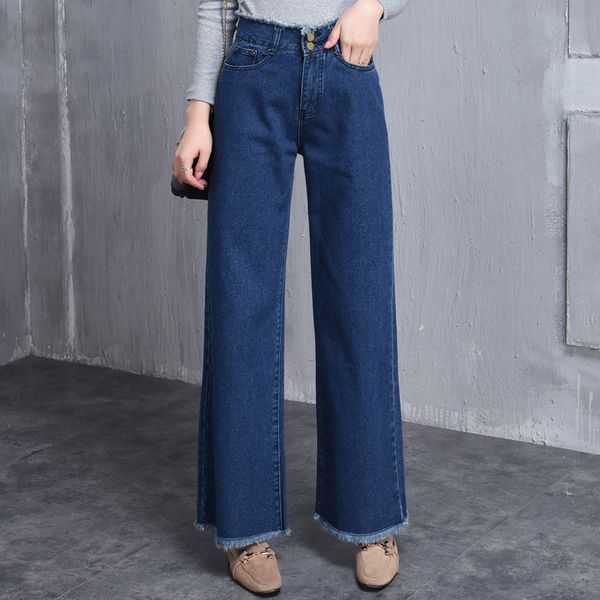 

women's jeans women wide leg high waist fringe denim loose pants vintage trousers stretch female bottoms basic classic clothes 3xl, Blue