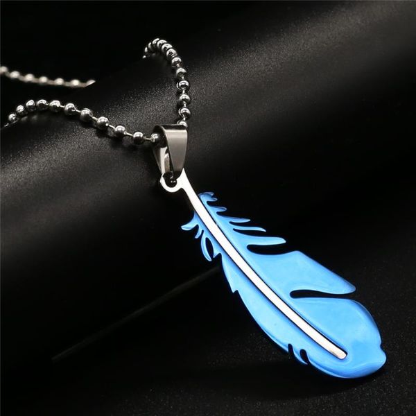 

pendant necklaces blue feather design stainless steel fashion long vintage black men for women female male jewelry, Silver
