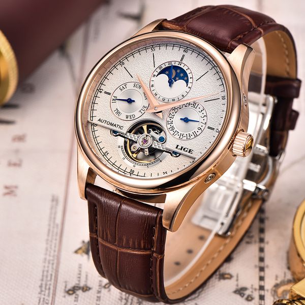 

wholesale- men's watches six-pin moon phases automatic watch men dive 50m casual leather wristwatches relogio masculino, Slivery;brown