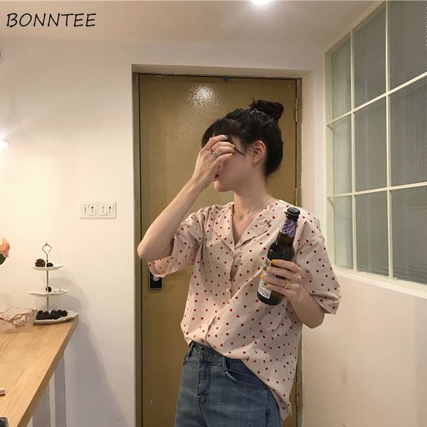 

shirts women korean style loose print sweet shirt short sleeve womens turn-down collar ulzzang ladies single breasted blouse, White