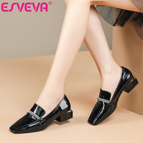 

esveva 2021 women pumps shoes patent leather +pu square low heels chains round toe fashion shoes women casual big size 34-42, Black