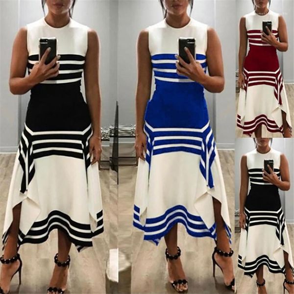 

o-neck sleeveless loose mid waist ladies dresses spring casual asymmetrical female dresses summer striped womens dresses, Black;gray