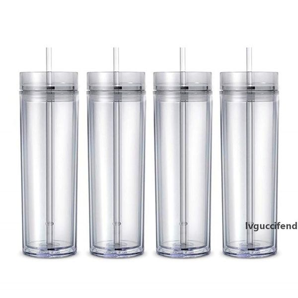 

16oz acrylic juice cup insulated double tumbler 6colors pp plastic material cups two layer straw lids covers