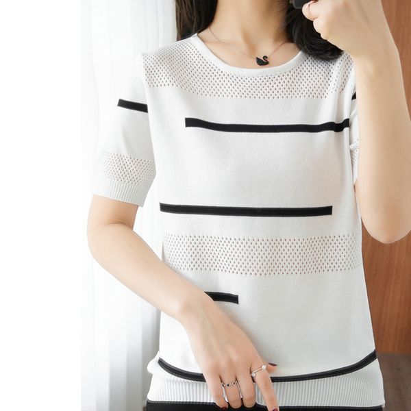 

shintimes casual hollow out knitted sweater thin sweaters female striped pullover woman sweaters short sleeve women clothes, White;black