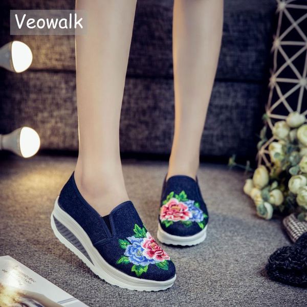 

veowalk cotton floral embroidery women's fashion canvas flat platforms slip on ladies casual comfort loafer shoes zapatos mujer, Black