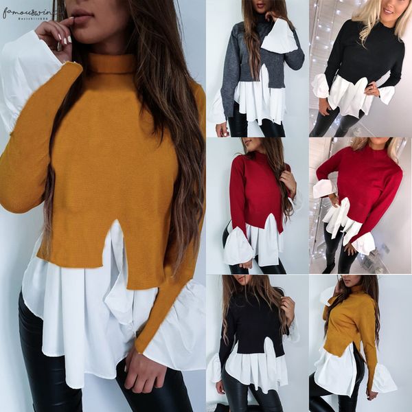 

2020 summer blouse womens irregular hem long sleeve round collar casual long sleeve patchwork loose shirts, White