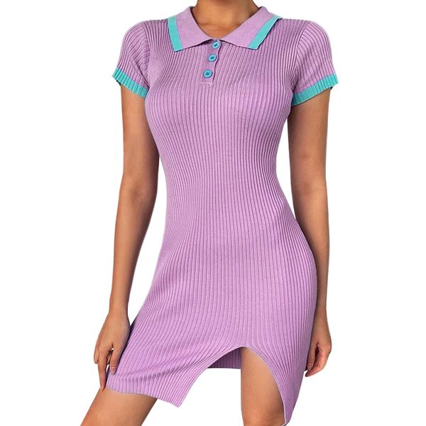 

трикотажные платья лета женщин мини с коротким рукавом кнопки воротник тонкой фиолетовая юбка женщины, Black;gray