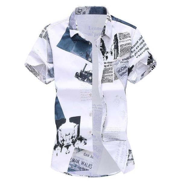 

man shirt white shirt men slim loose hawaii short sleeve printed turn-down collar camisas masculina, White;black