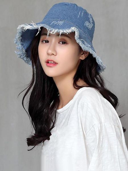 

women washed denim sun hats summer new fashion solid color wide brim beach bucket hats female cotton foldable tassel floppy caps, Blue;gray