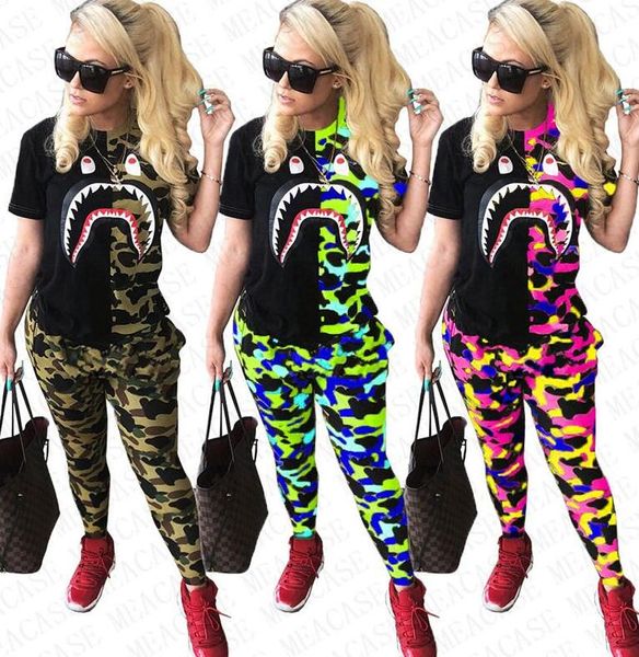 

camouflage women sharks tracksuits camo color patchwork t-shirts + legging pants outfits designer sweat suit two piece clothing d72708, White