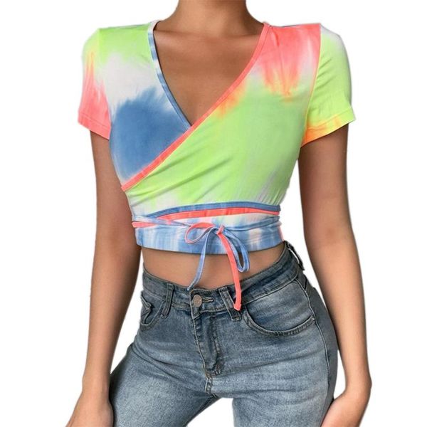 

women tie-dye crop short sleeve cross v-neck lacing up t-shirts summer fashion multi color slim fit short streetwear, White