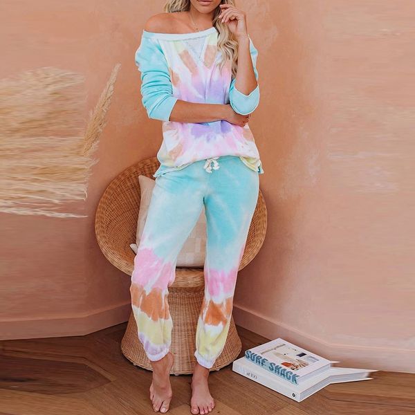 

2020 new tie-dyed home clothes women's round collar long and pajamas trousers sleeve trousers sleeping suit 451004, Blue;red