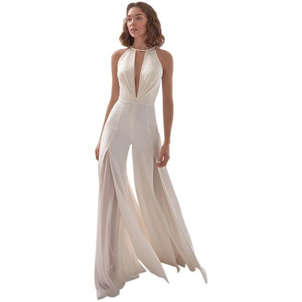 

deep v-neck flared pants one-piece halter strapless pocket simple women jumpsuit, Black;white