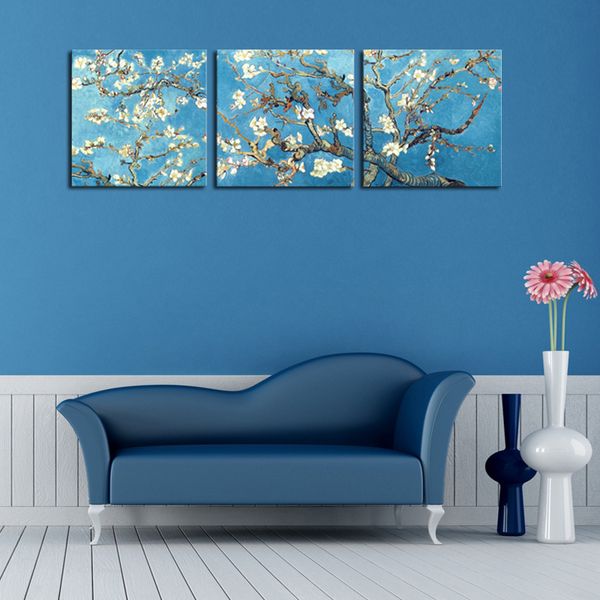 

unframed 3 panels painting branches of an almond tree in blossom flower canvas wall picture art home decoration poster