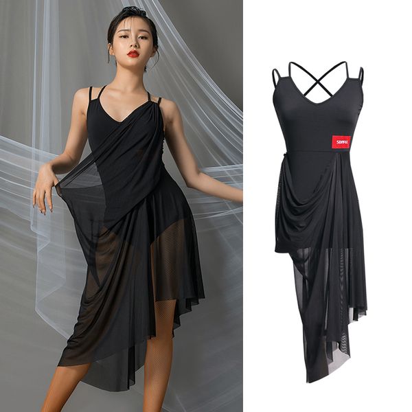 

stage wear latin dance dress female suspenders ballroom clothes competition practice black clothing vo1072, Black;red