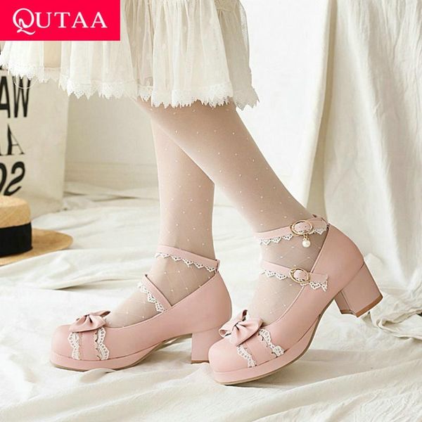 

qutaa 2021 бабочка узел круглый toe платформы дамы насосы pu кожаный шнурок пряжка площади высокий каблук женщины обувь одного размера 34-43, Black