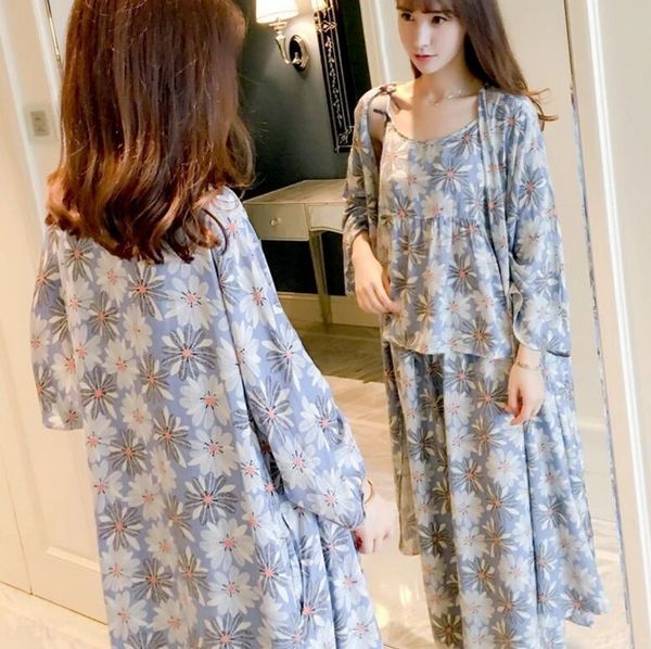 

autumn seven-point sleeve pajamas pajama wide leg pants female summer thin sling robe wide leg pants three-piece suit home clothes, Blue;red