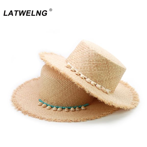 

new design handmade turquoise shells summer straw sun hat for women girl hawaiian style raffia beach hats dropshipping wholesale y200619, Blue;gray