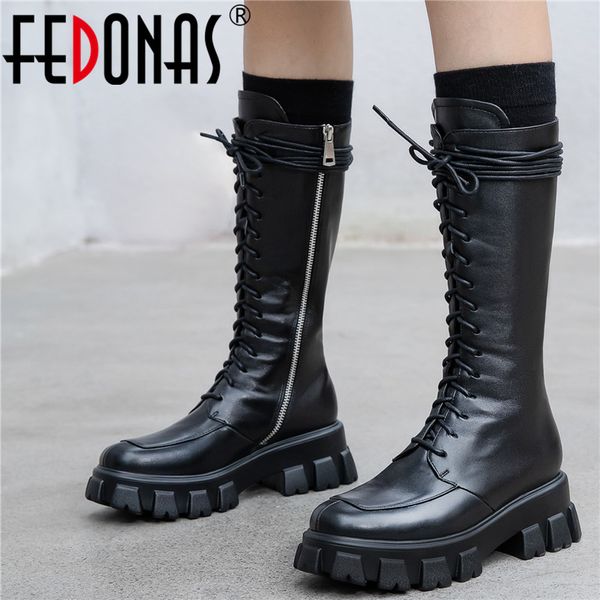 

fedonas high boots women autumn winter warm side zipper cross tied boots women round toe flat platforms knee high, Black