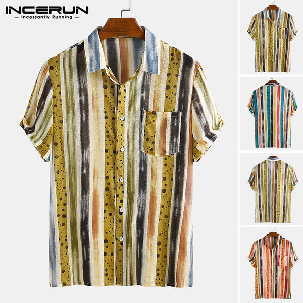 

striped men hawaiian shirt breathable loose short sleeve lapel beach blouse 2020 fashion streetwear casual camisas s-5xl incerun, White;black