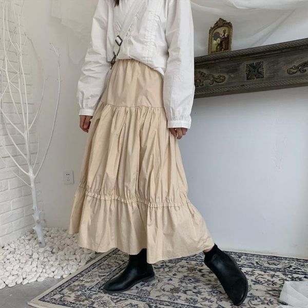 

2020 sweet brief ruffles elastic waist all match gentle women casual high waist stylish vintage skirts, Black