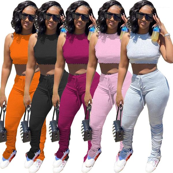 

color women two piece sets casual skinny ladies 2pcs stacked pants sleeveless womens sets solid, White