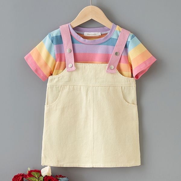 

2xy7l 2020 suits for boys and girls children's suits for boys and girls clothing girl's colorful striped t-shirt + denim belt skir