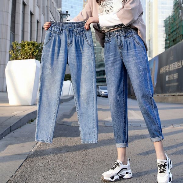 

large size spring and autumn women's fat mm9 jeans and jeans points wide leg high waist loose harlan dad pants, Blue