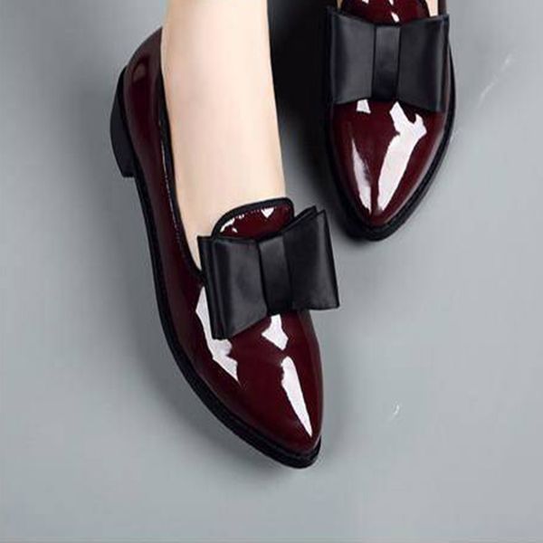 

ladies bowties patent leather women's solid flat plus size 2020 female classic shoes with pointed toe casual knot footwear, Black