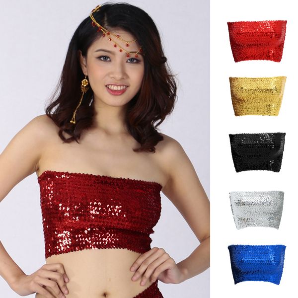 

5 pieces women sequin off shoulder tube blouse stretchy chest wrap vest, Blue