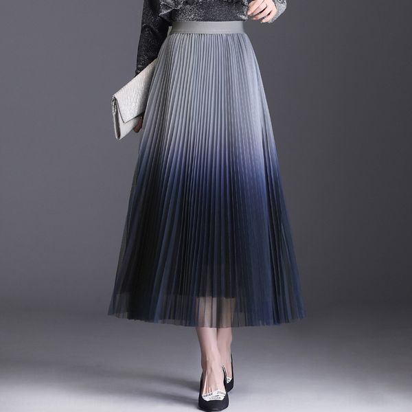 

2020 spring new long pleated gradient color gauze elegant slimming pleated skirt slim-fit long skirt, Black