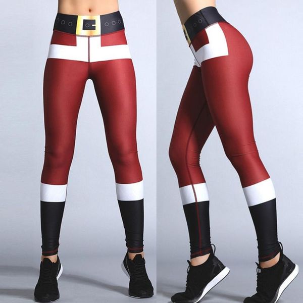 

new style christmas printed patchword elastic yoga pants for women middle waist skin-friendly gym sports trousers yoga leggings, White;red