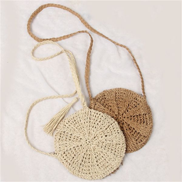 

2020 summer new women tassels round crossbody shoulder bag beach circular rattan wicker straw plain woven basket tote bag straw bags
