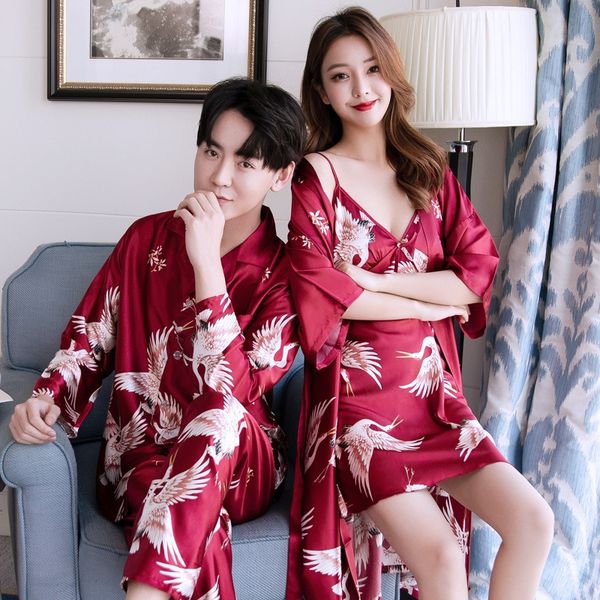 

tw2cg autumn sling pajamas pajamas couple's nightgown simulation silk long-sleeved women's sling korean men's nightgown suit, Blue;red