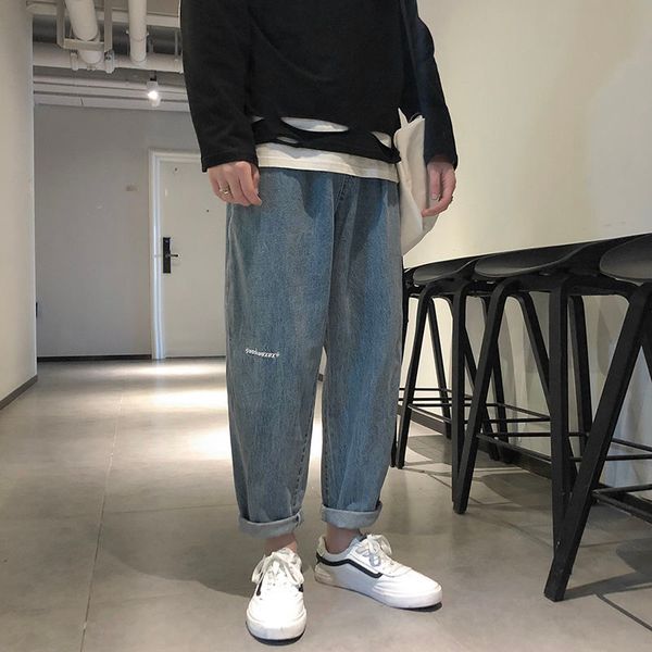 

2020 autumn four seasons loose straight casual jeans men's middle waist ankle length neutral old pants hombre plus size -5xl, Blue