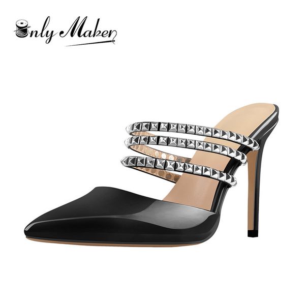 

onlymaker women pointed toe rivets straps mule slippers 10cm thin high heel slip on sandals for summer plus size, Black