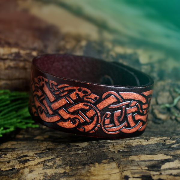 

viking wolves bracelet dyed leather norse odin wrist cuff celtics knot wristband nordic amulet jewelry gife, Golden;silver