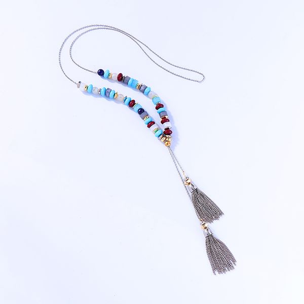 

blue beads long necklace rhodium color sweater chain winter new arrival acrylic tassel pendant, Silver