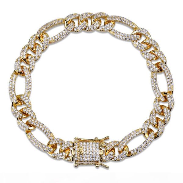 

real gold plated cz cubic zircon iced out figaro chain bracelet 10mm 7 8 inch miami rapper jewelry wristband cuban link chains for boys, Black
