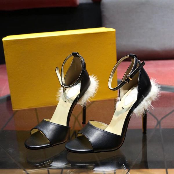 

women's pumps genuine hapucky leather fashion summer shoes high heels sandals thin heel fluffy fur party wedding ladies pumps, Black