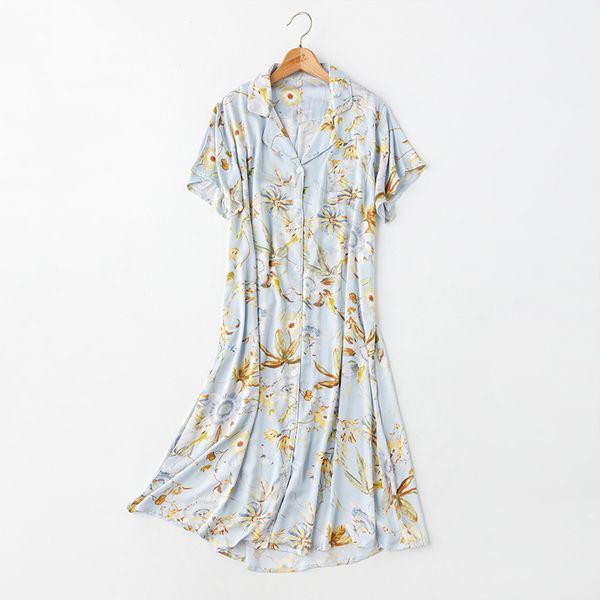 

ladies floral striped print short sleeve single breasted shirt dress 2020 summer comfortable womens nightgown sleepwear, Black;red